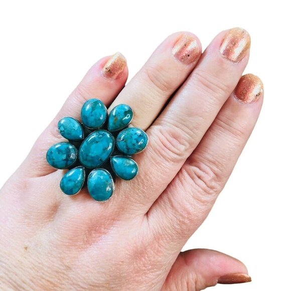 Sterling Silver Womens Ring Turquoise Size Size 9 Signed FD Statement Southwest - Picture 2 of 4
